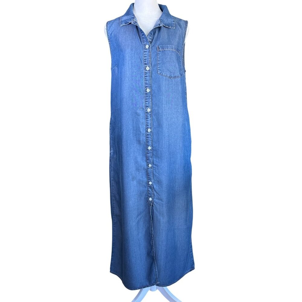 anna-kaci Dress Size Small Sleeveless Blue Long Maxi Button Front Sheath Pockets